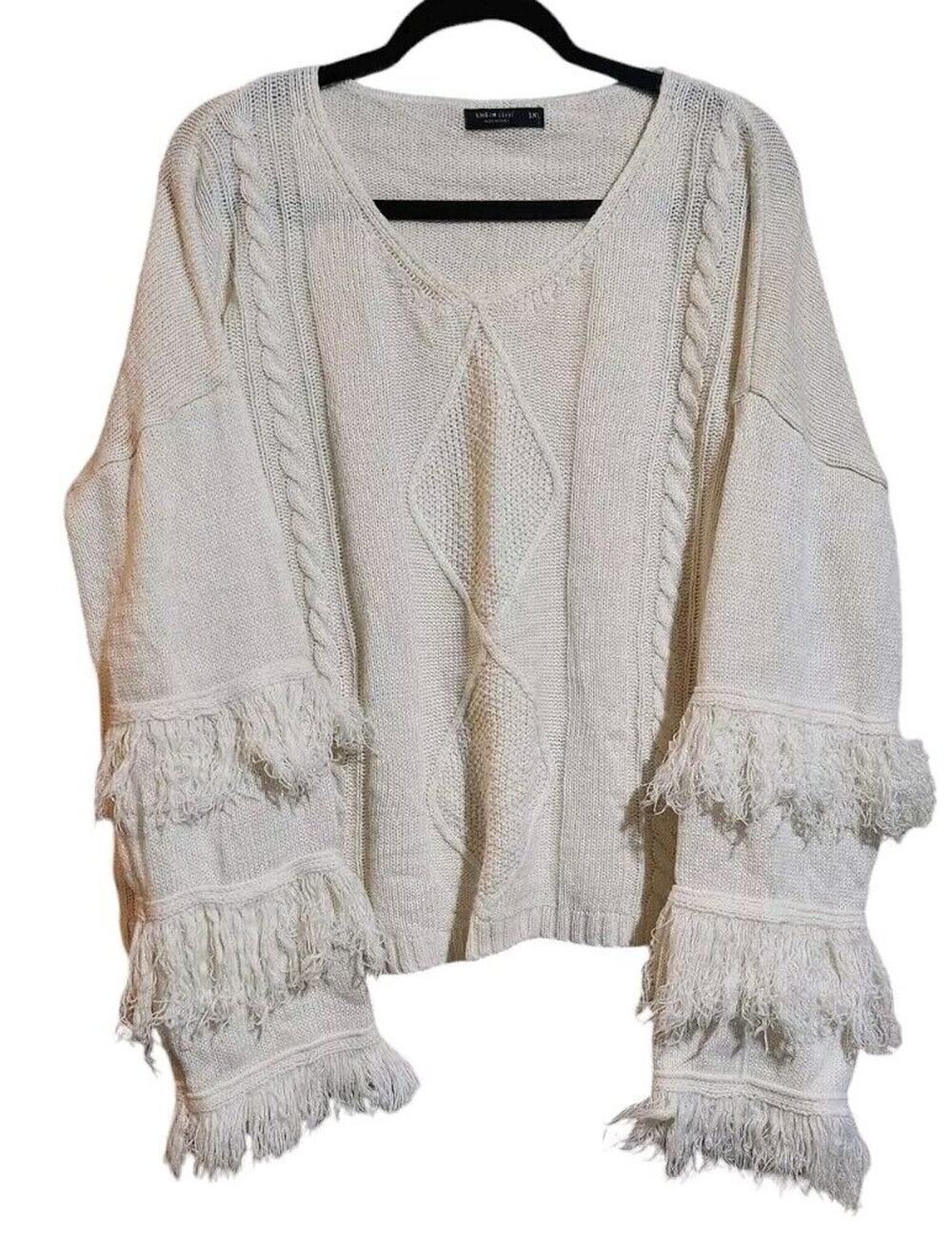 Shein Curve Women Pullover Jumper Sweater Plus 1X Ivory White Long Sleeve Fringe